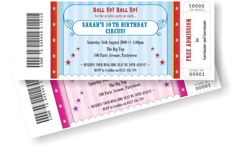 Ticket invitations for a circus themed party in multiple colours.