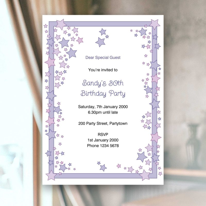 Purple Stars Birthday Party Invitation