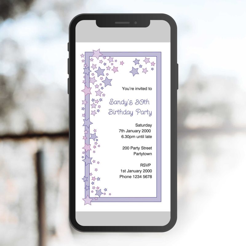 Digital Purple Stars Birthday Party Invitation Phone