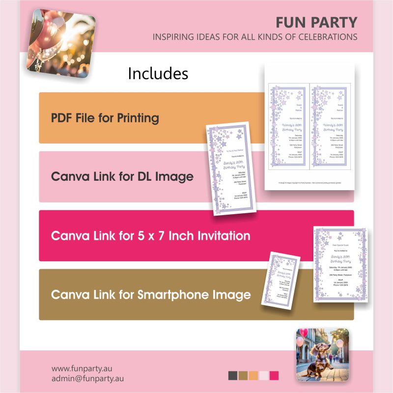 Purple Stars Birthday Party Invitation Includes