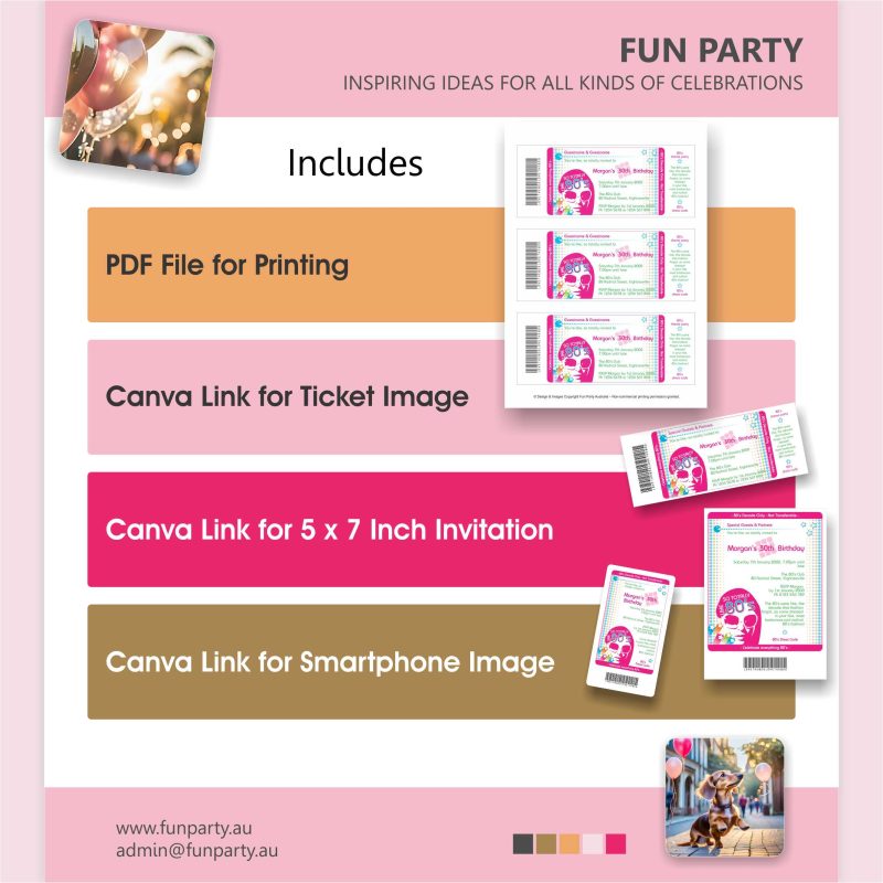 Totally 80s Girl Ticket Birthday Party Invitation Includes