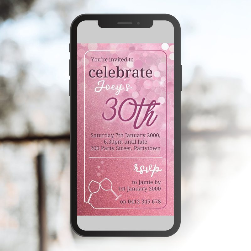 Shimmer Pink Birthday Party Invitation on a Phone