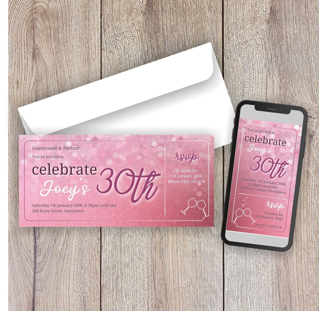 Shimmer Pink Birthday Party Invitation and Digital Version for a Phone