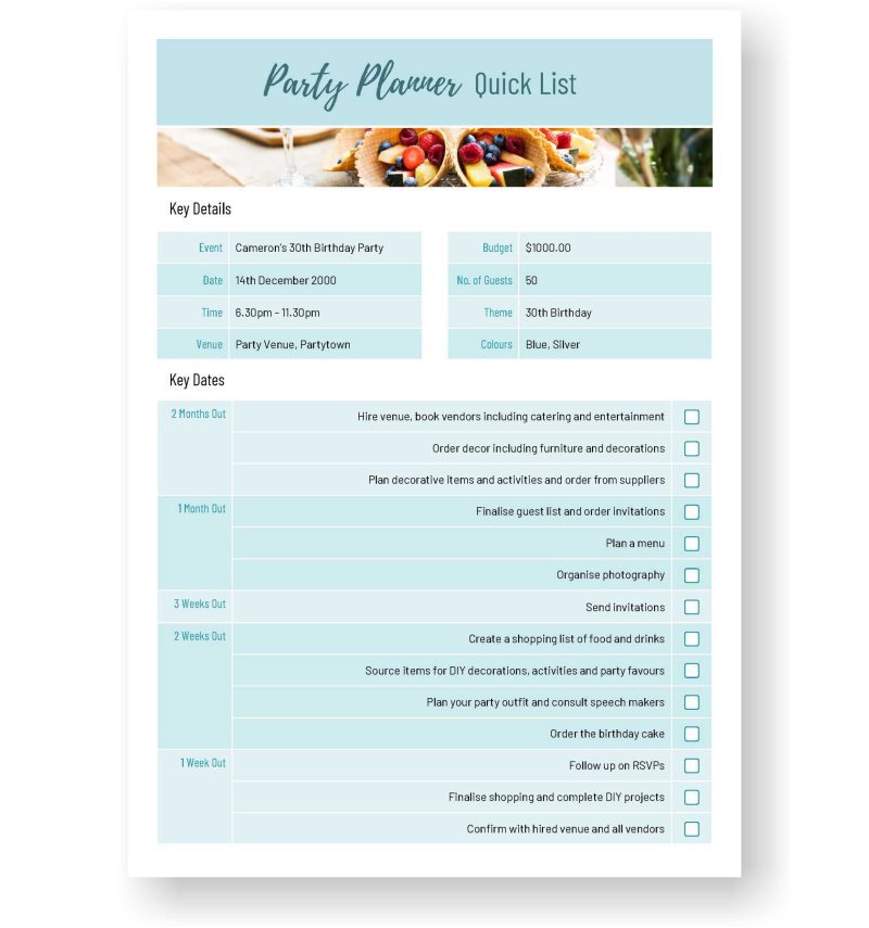 Party Planning Template Page 2