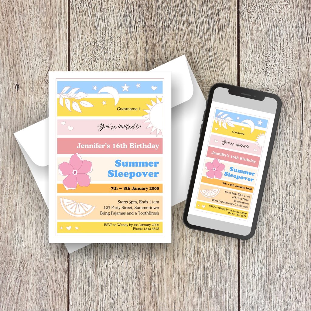Summer Slumber Birthday Party Invitation Print and Digital Version on a Phone
