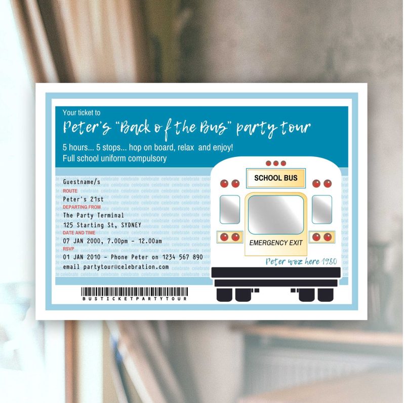Back of the Bus Party Invitations for a pub crawl, hotel hop or back to school party.