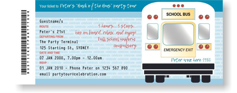 Back of the Bus Ticket Party Invitations inclusions for a pub crawl, hotel hop or back to school party.