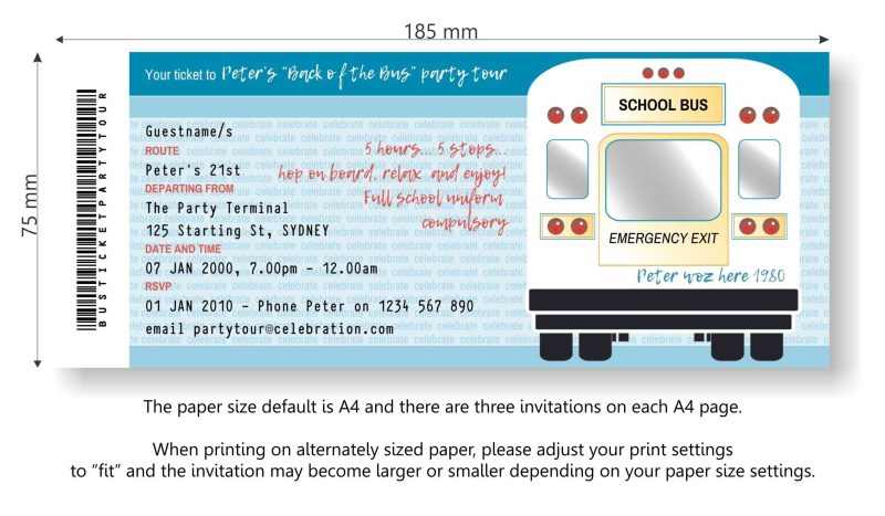 Dimensions for Back of the Bus Ticket Party Invitations inclusions for a pub crawl, hotel hop or back to school party.