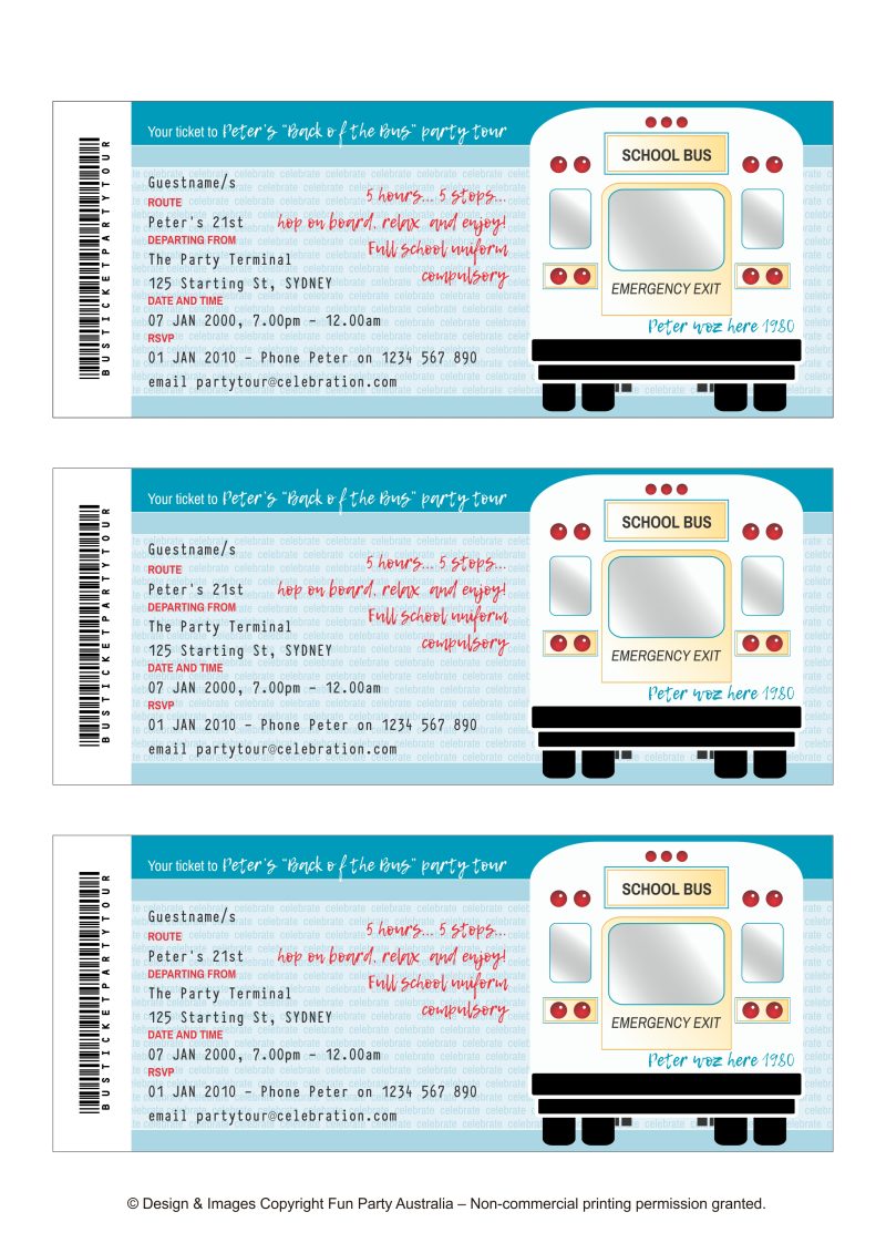 PDF layout for Back of the Bus Ticket Party Invitations inclusions for a pub crawl, hotel hop or back to school party.