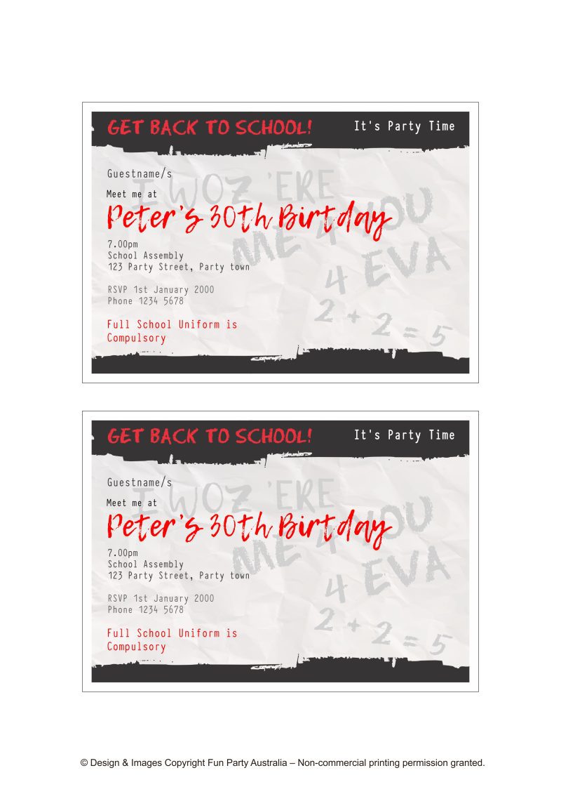 PDF layout for Back to School Fancy Dress Party invitations that look like a scrunched up note passed in class.