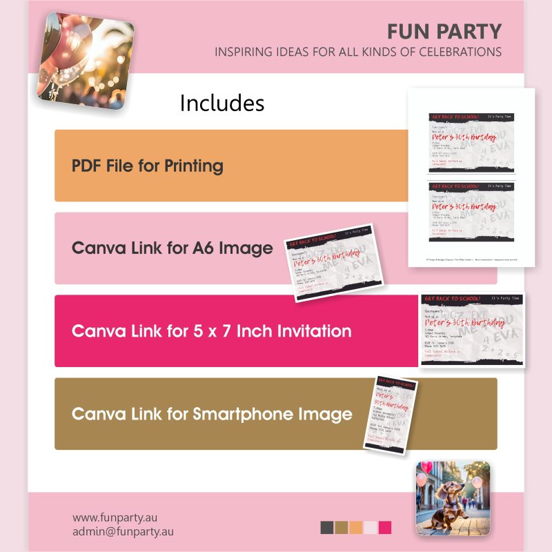 Back to School Fancy Dress Party invitations that look like a scrunched up note passed in class, download inclusions.