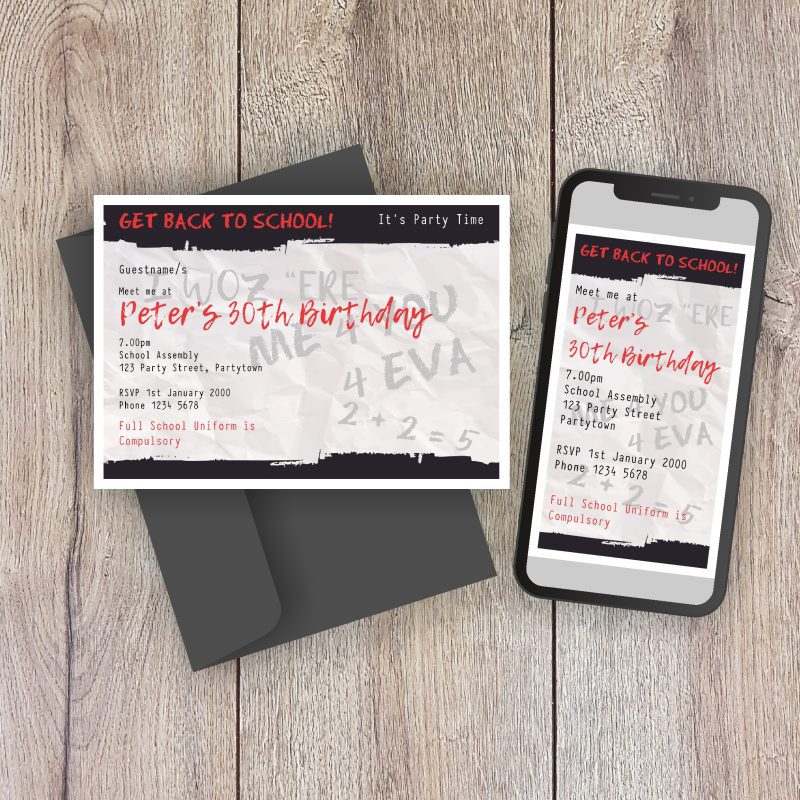 Back to School Fancy Dress Party invitations that look like a scrunched up note passed in class, printed or sent digitally.
