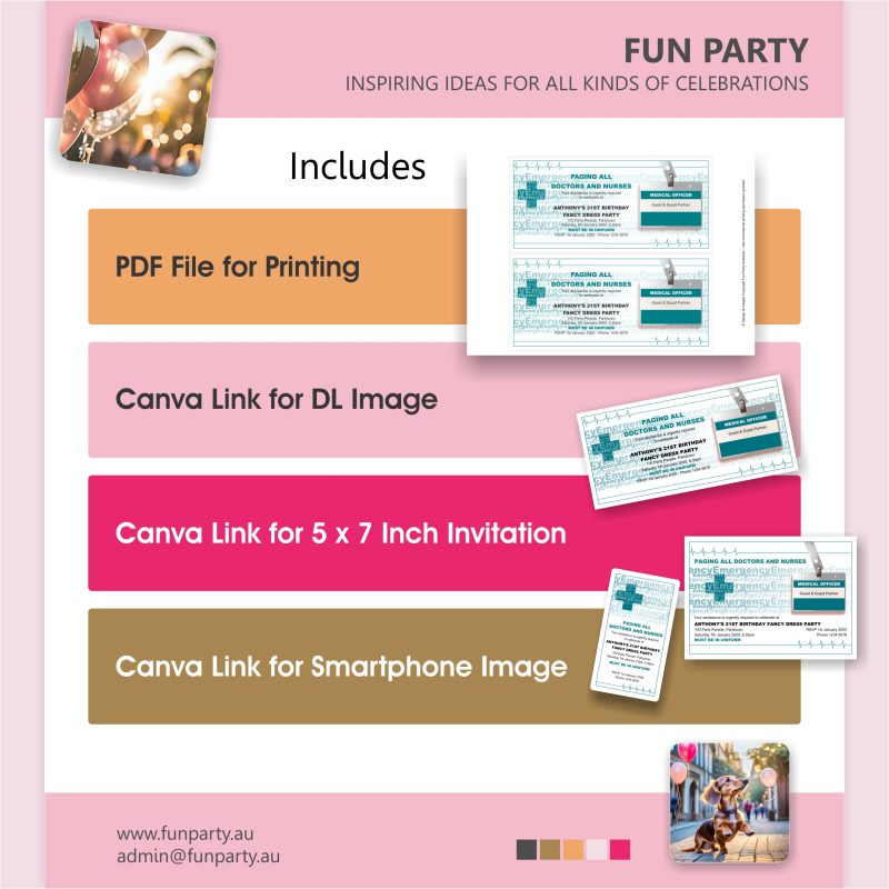 Doctors and Nurses Fancy Dress Party Invitations in multiple formats and ways to edit_PDF or Canva
