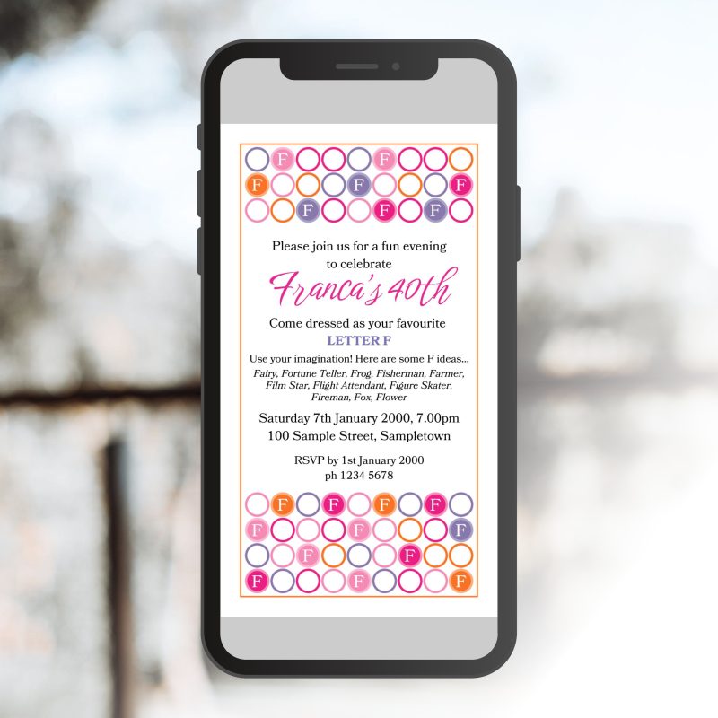 Something Starting with the Letter_Fancy Dress Party Invitations in Pink, Purple and Orange as it would look on a phone.