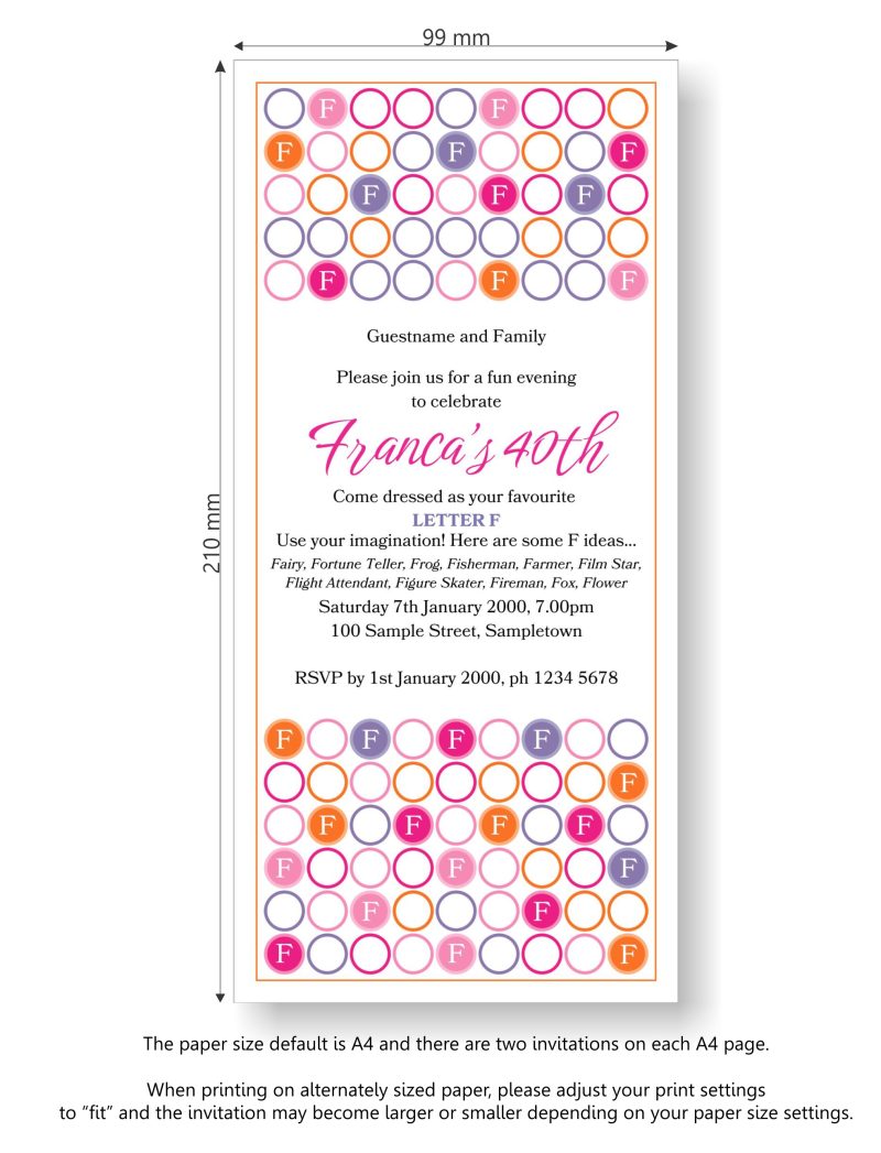 Letter Spot Fancy Dress Party Invitation Dimensions in Pink, Purple and Orange