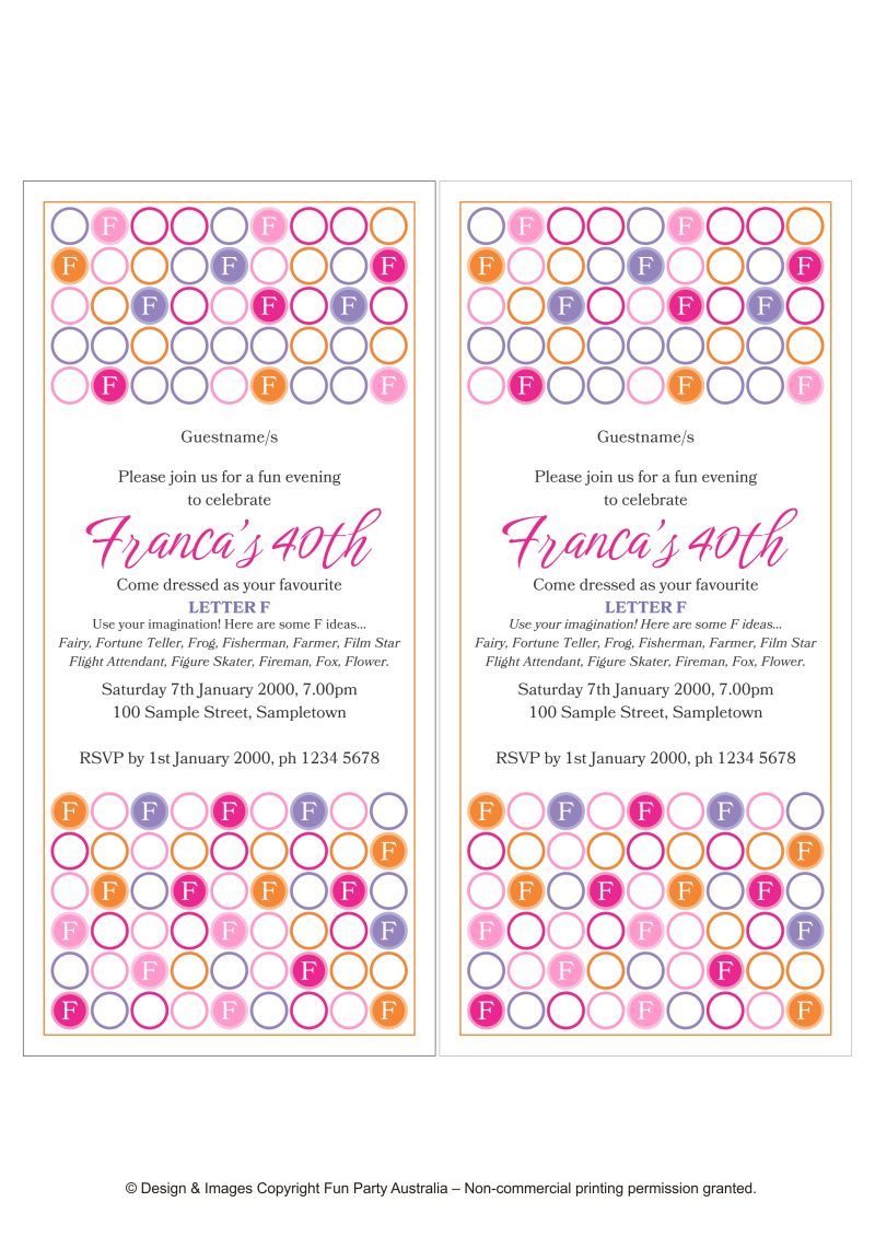 PDF layout for Letter Spot Pink Birthday Party Invitations.