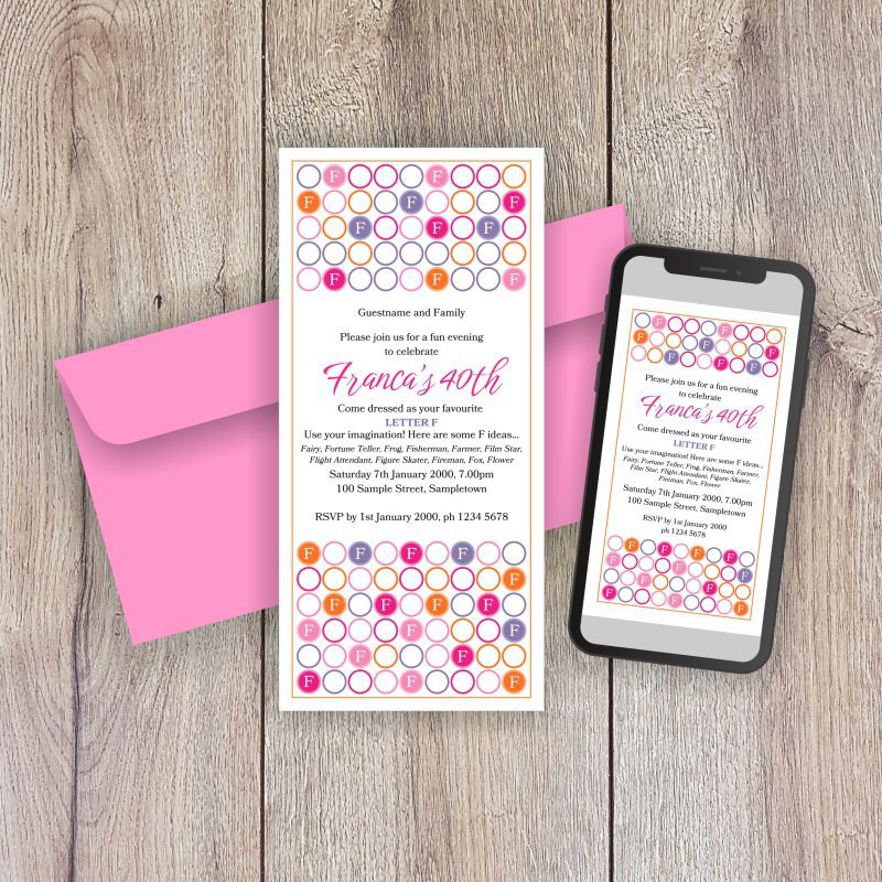 Something Starting with the Letter_Fancy Dress Party Invitations in Pink, Purple and Orange for printing and sending digitally.